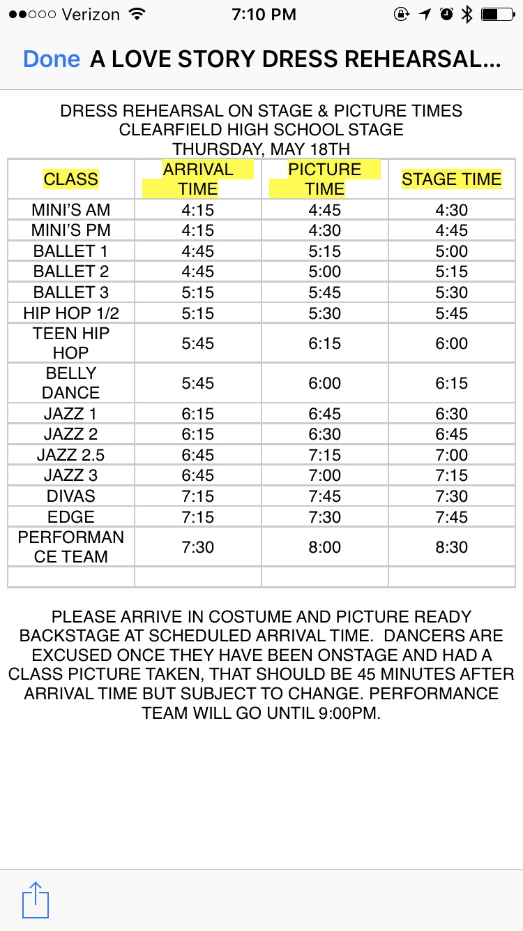 Stage rehearsal Thursday, May 18th at Clearfield High Auditorium